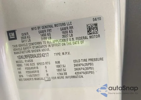 2010 Chevrolet Traverse Lt z USA, uszkodzony, nr VIN 1GNLRFED8AJ224217